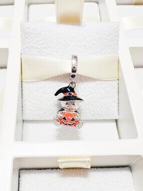 925 Sterling Silver Witch Bear With Halloween Pumpkin Dangle Charm Fits Pandora